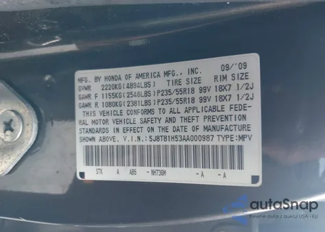 2010 Acura Rdx from USA, damaged, VIN 5J8TB1H53AA000987